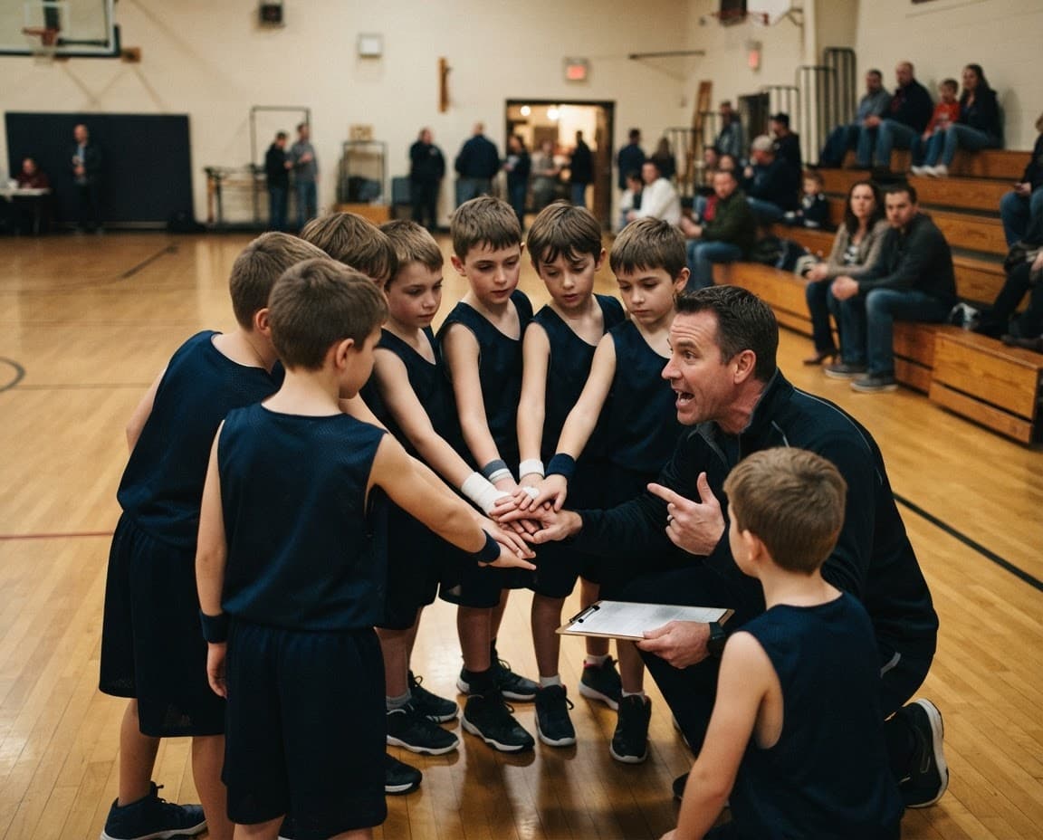 A youth team huddled with their coach before a game