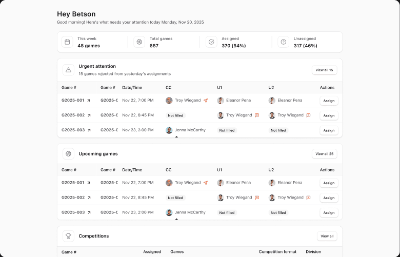 EDGE assigner dashboard with officials, evaluations and open games