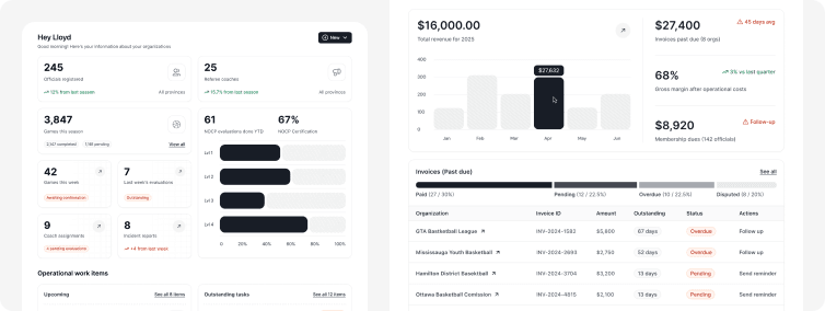 EDGE finance view with revenue, invoices past due and outstanding balances