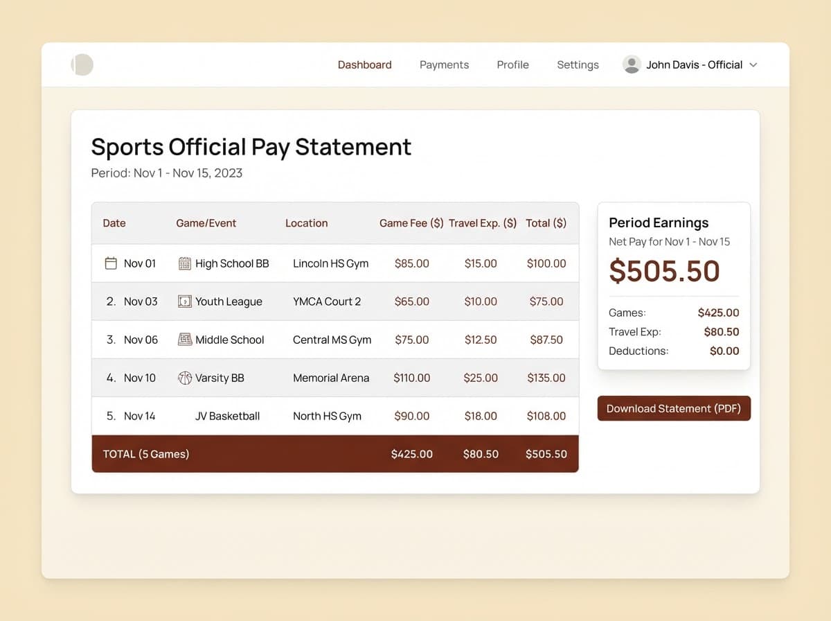 EDGE Officials pay screen listing each game's fee and travel expenses